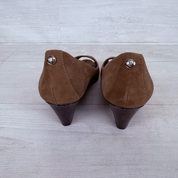 DONALD PLINER Milli Brown Suede Wedges Size 7 Peep Toe Snake Print Heels Preppy - Picture 4 of 14